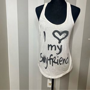 I Love My Boyfriend Round Neck Sheer Sleeveless White Racerback Tank Top
